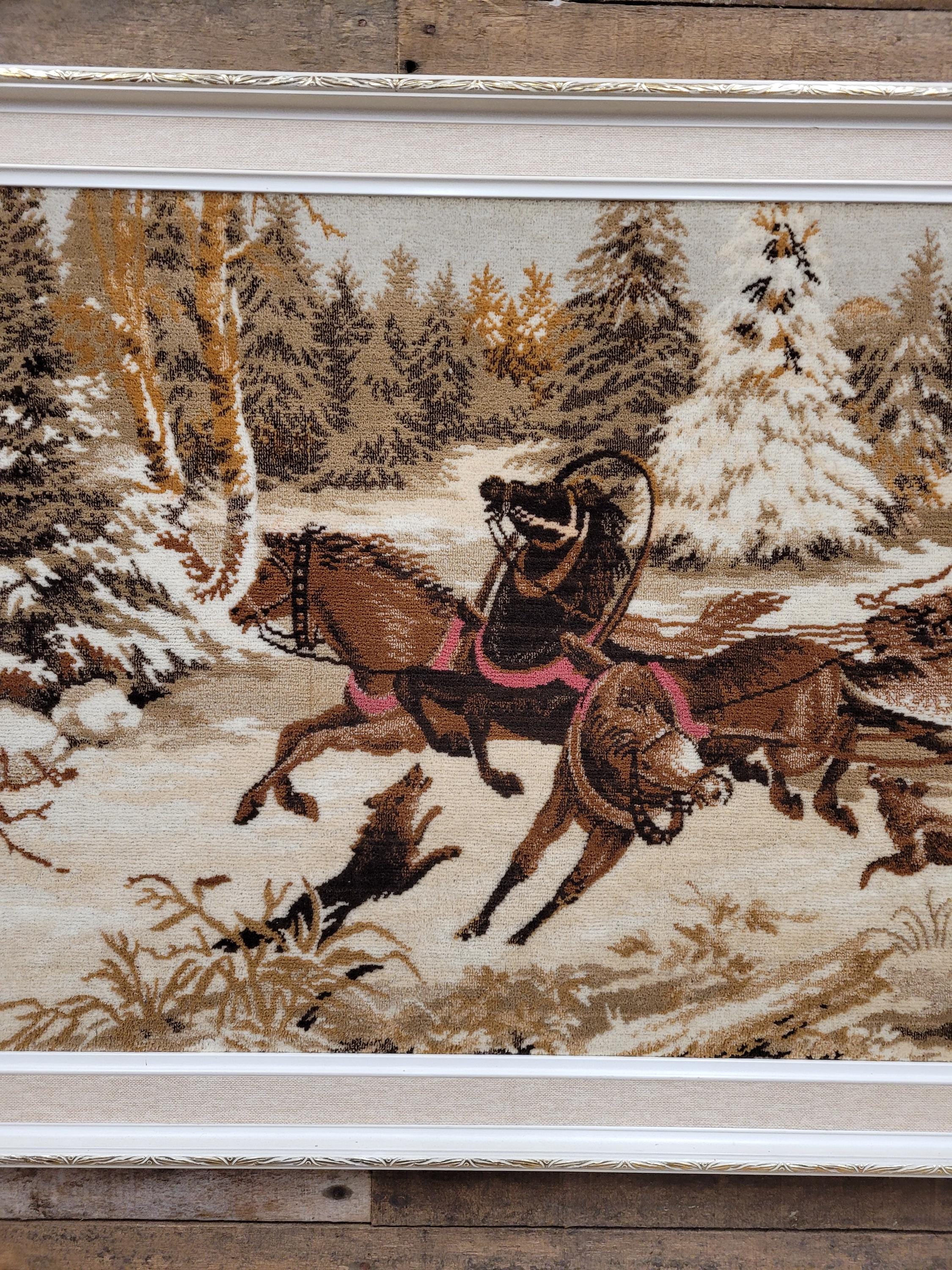 Vintage Tapestry Wall Hanging Framed Hunting Scene Large Textile Art