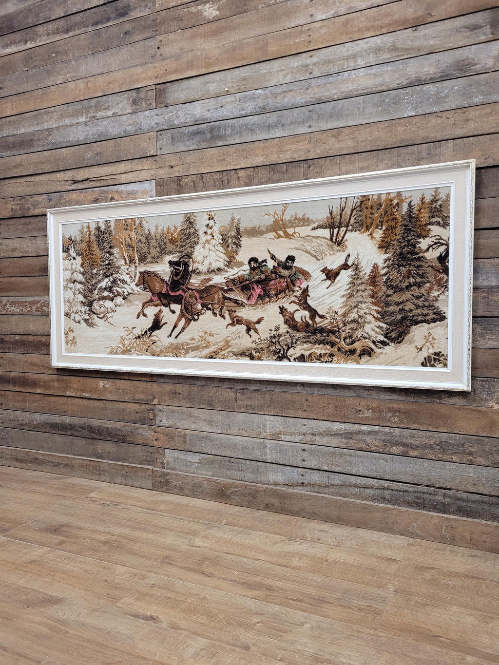 Vintage Tapestry Wall Hanging Framed Hunting Scene Large Textile Art