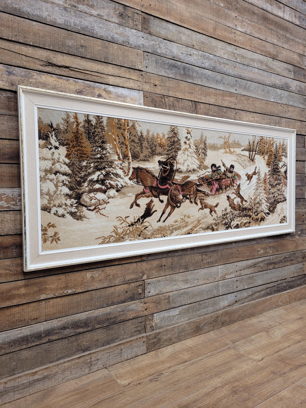 Vintage Tapestry Wall Hanging Framed Hunting Scene Large Textile Art