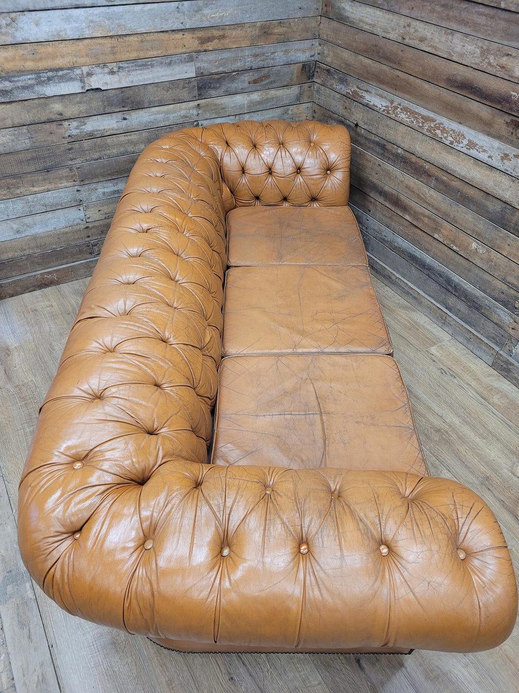 Chesterfield Sofa Tan Leather Buttoned Vintage Distressed Three Seat