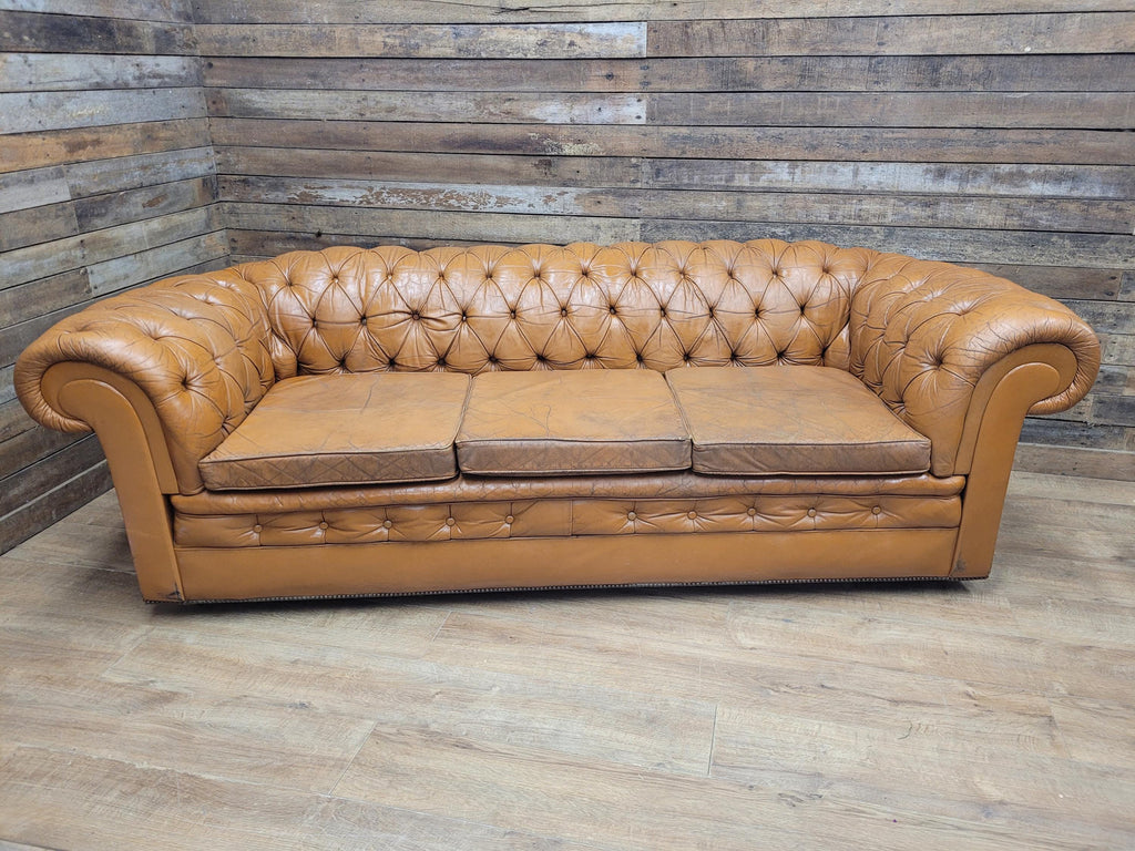 Chesterfield Sofa Tan Leather Buttoned Vintage Distressed Three Seat