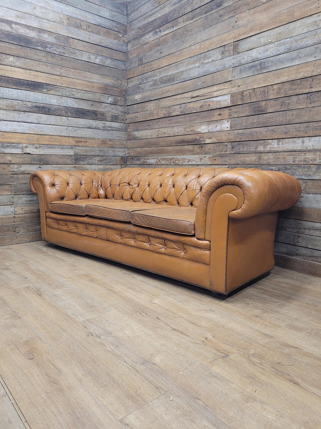 Chesterfield Sofa Tan Leather Buttoned Vintage Distressed Three Seat