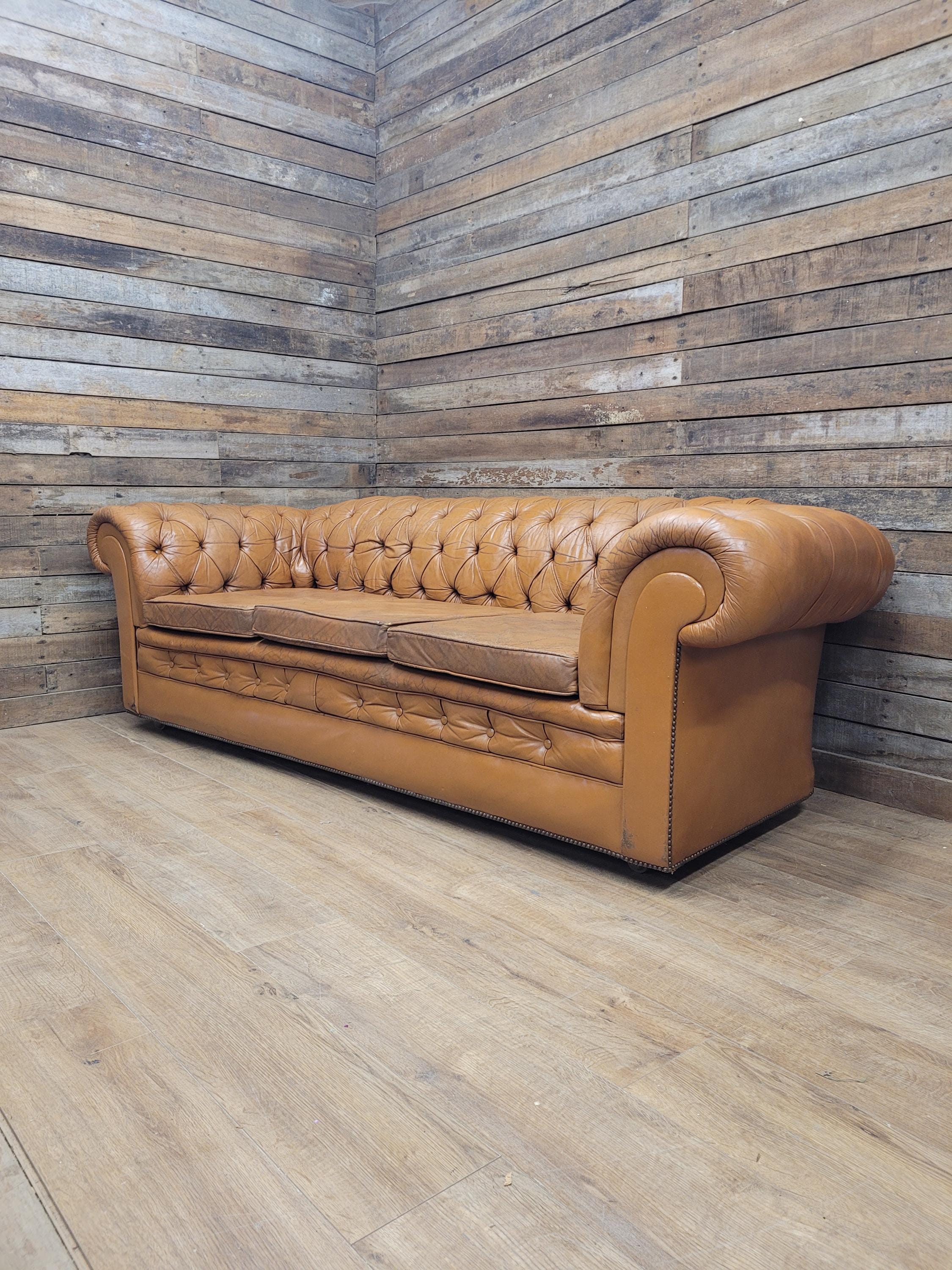 Chesterfield Sofa Tan Leather Buttoned Vintage Distressed Three Seat