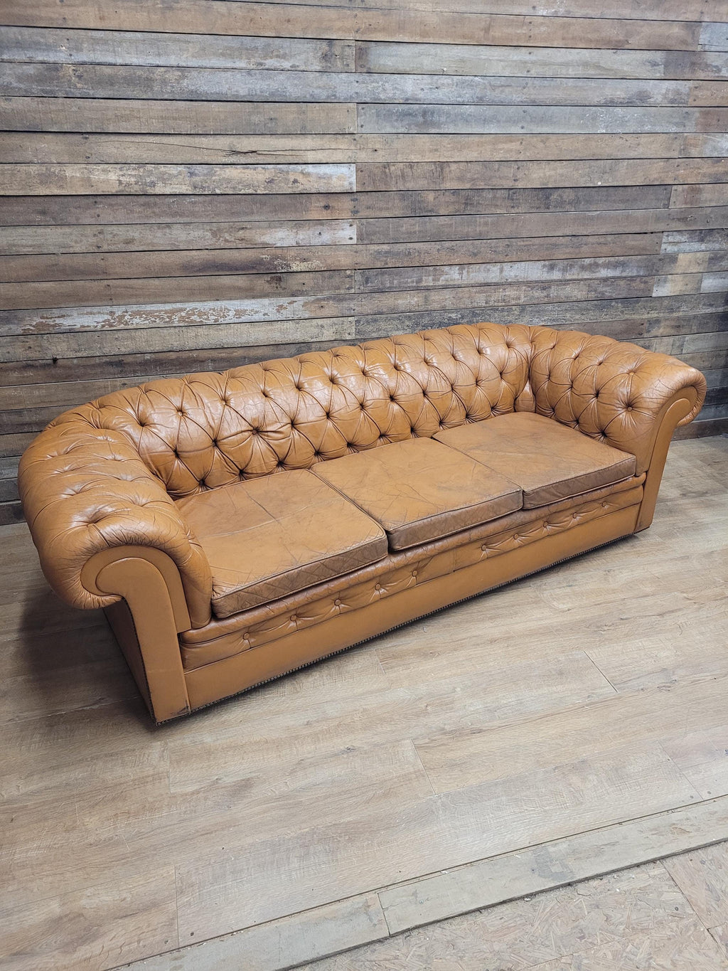 Chesterfield Sofa Tan Leather Buttoned Vintage Distressed Three Seat