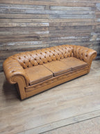 Chesterfield Sofa Tan Leather Buttoned Vintage Distressed Three Seat