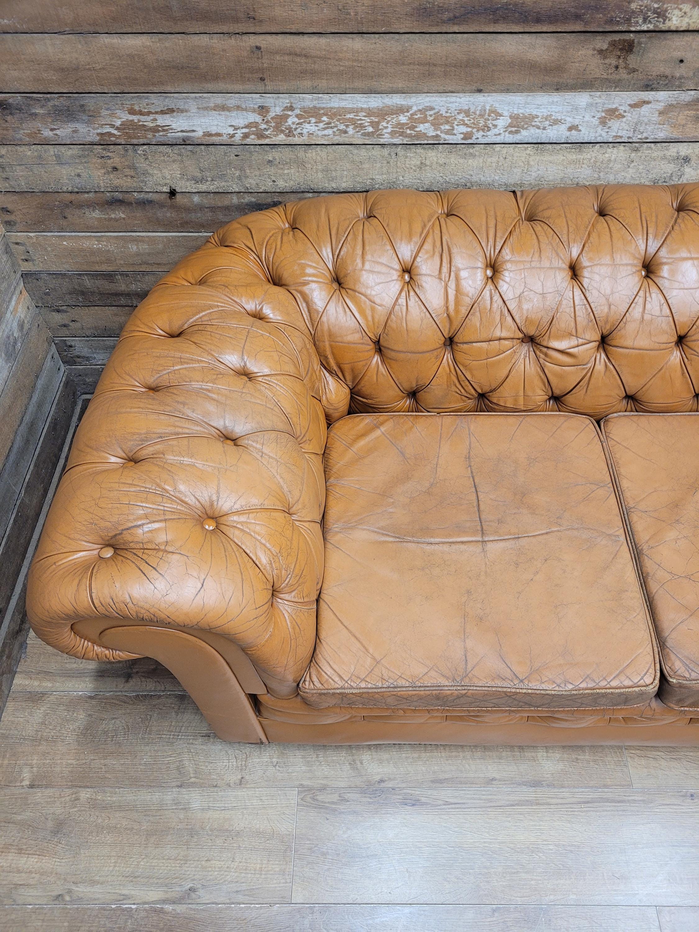 Chesterfield Sofa Tan Leather Buttoned Vintage Distressed Three Seat
