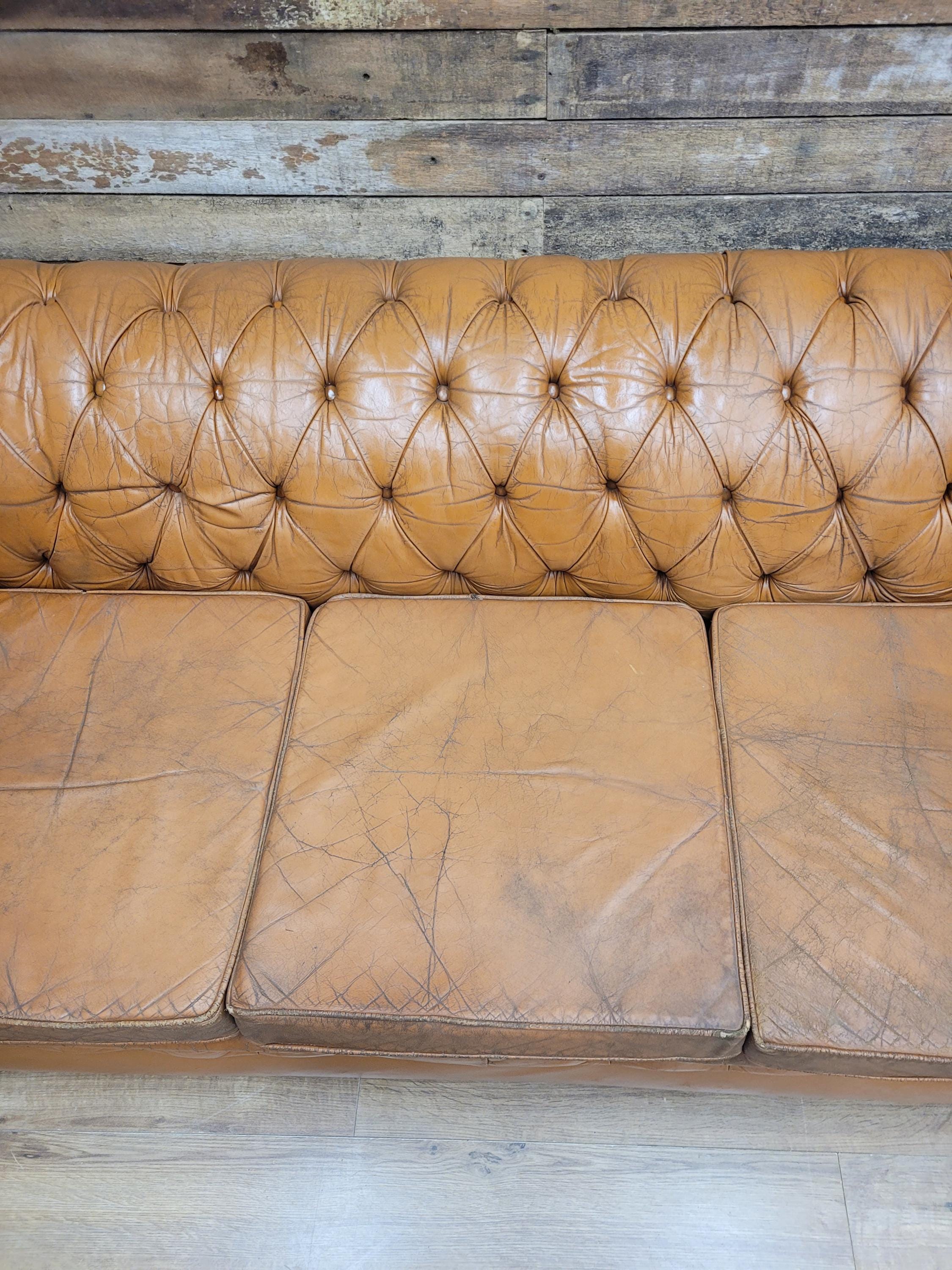 Chesterfield Sofa Tan Leather Buttoned Vintage Distressed Three Seat