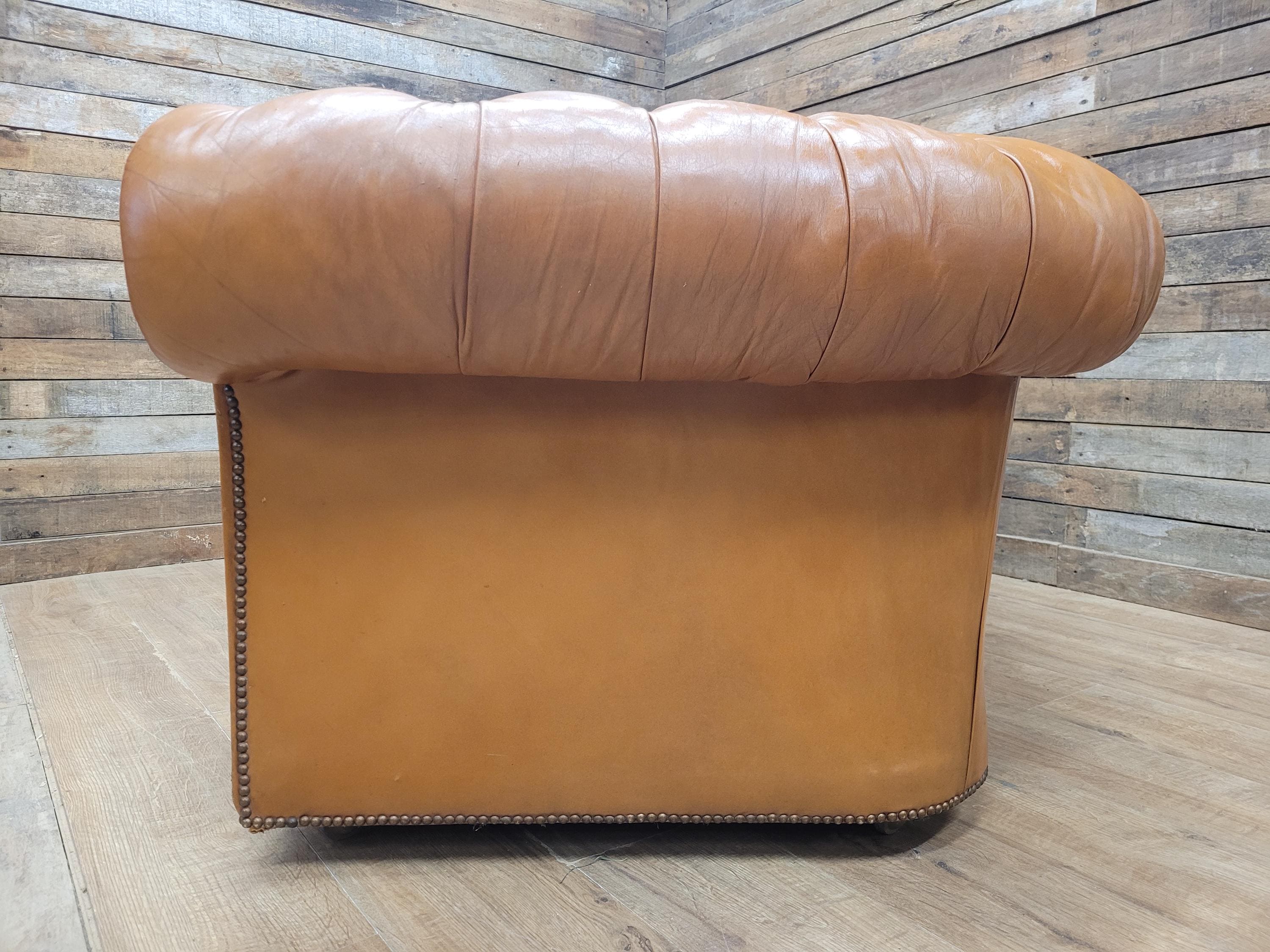 Chesterfield Sofa Tan Leather Buttoned Vintage Distressed Three Seat