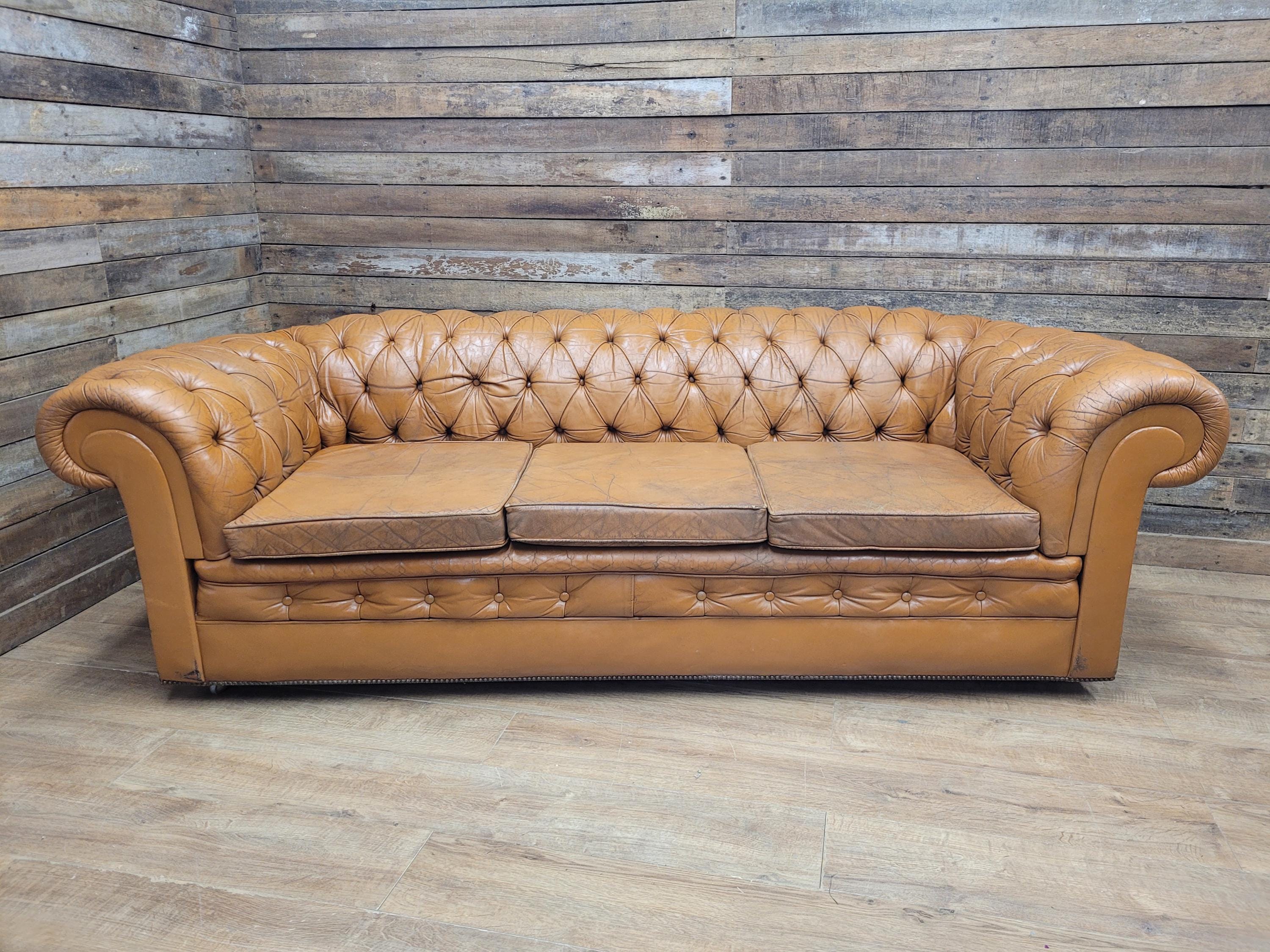 Chesterfield Sofa Tan Leather Buttoned Vintage Distressed Three Seat