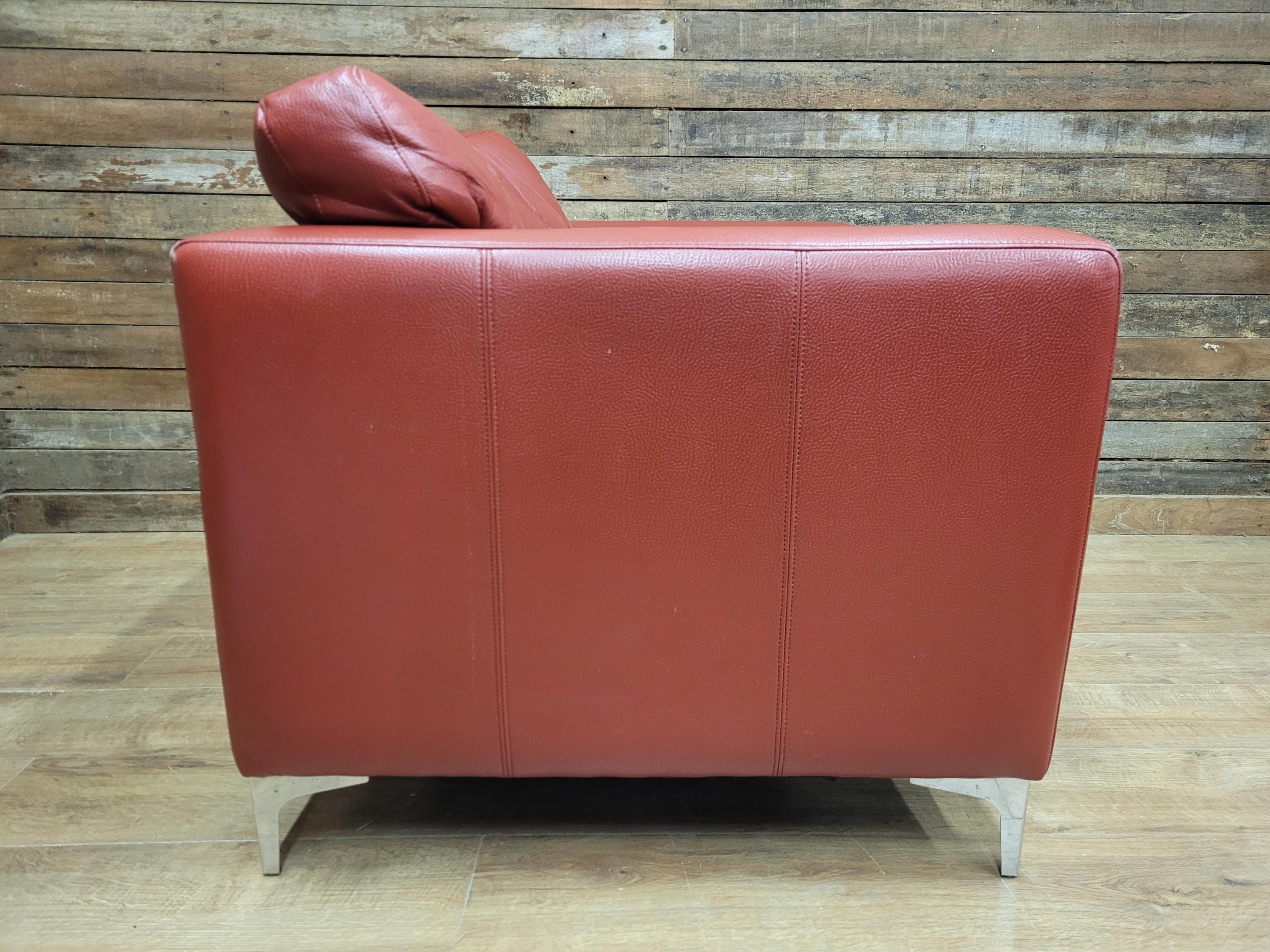 Red Faux Leather Armchair Footstool Retro Style Lounge Chrome Legs