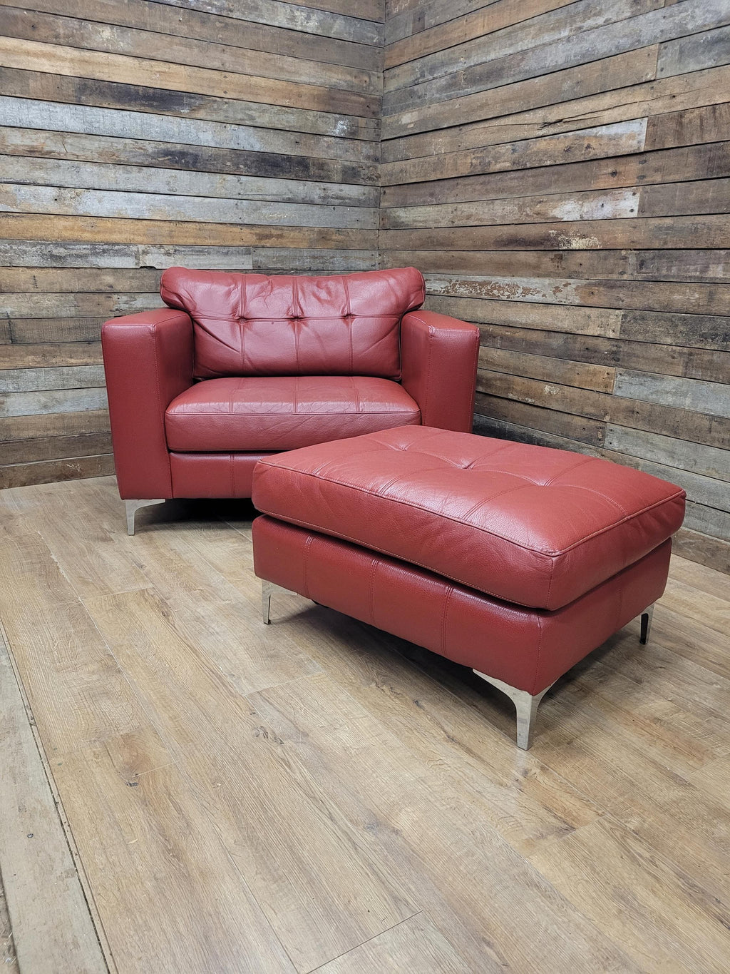 Red Faux Leather Armchair Footstool Retro Style Lounge Chrome Legs