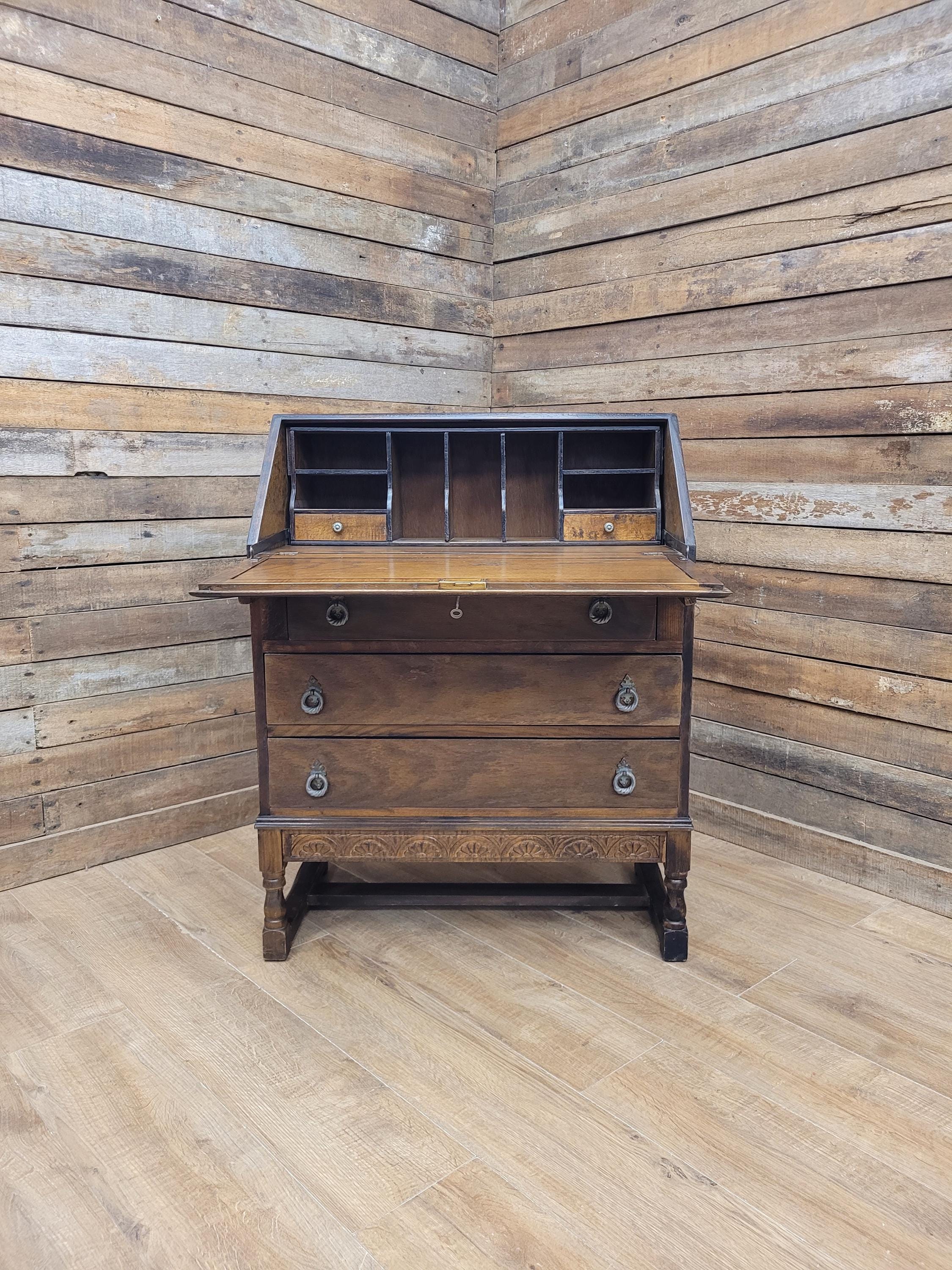 Oak Bureau Desk Writing Desk Fall Front Vintage Storage Drawers With Key