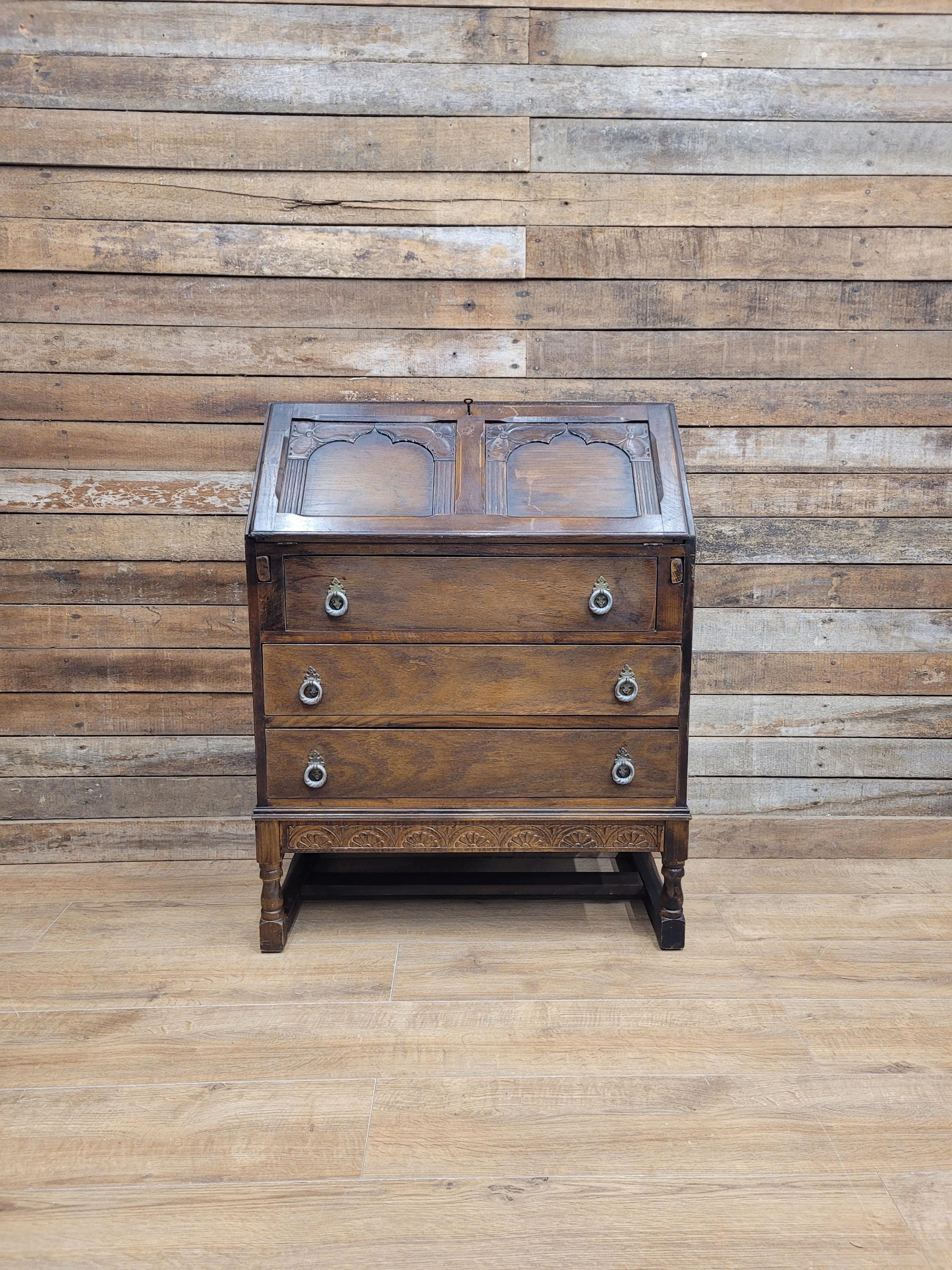 Oak Bureau Desk Writing Desk Fall Front Vintage Storage Drawers With Key