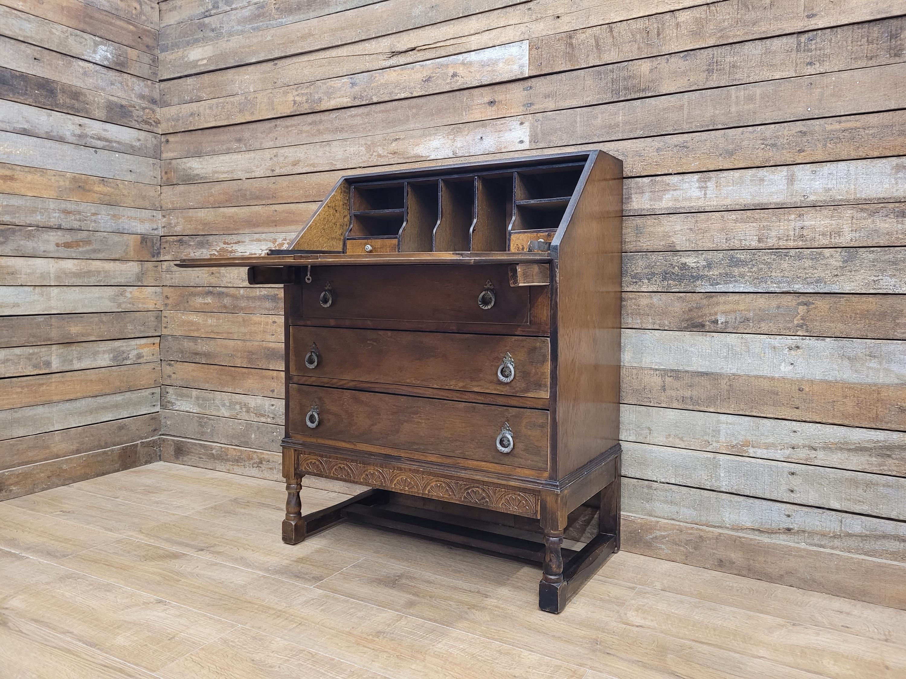 Oak Bureau Desk Writing Desk Fall Front Vintage Storage Drawers With Key