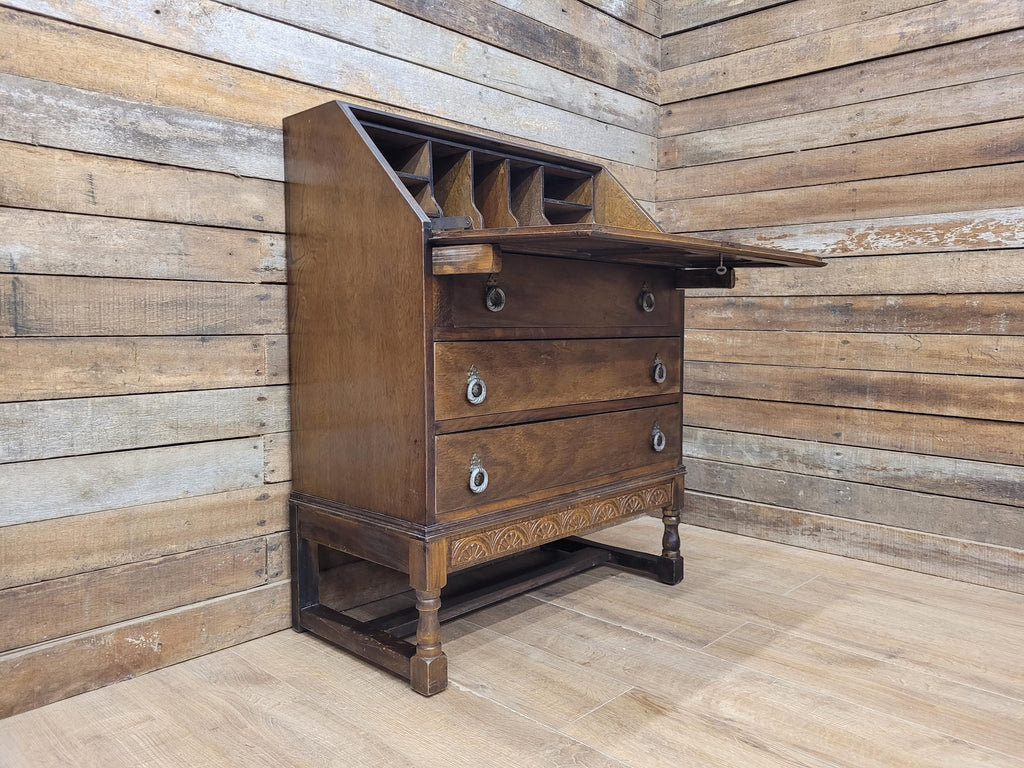 Oak Bureau Desk Writing Desk Fall Front Vintage Storage Drawers With Key
