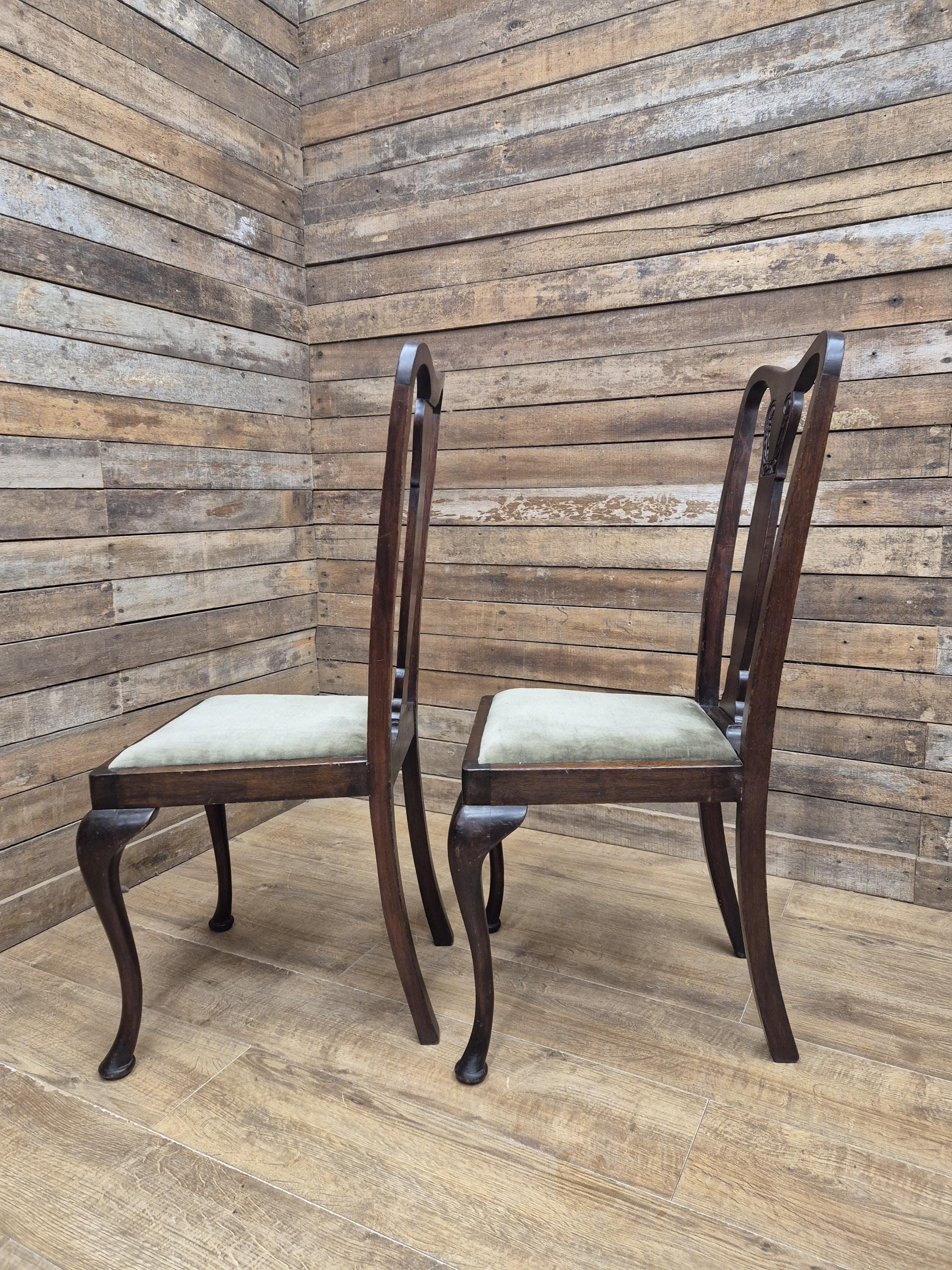 Pair Mahogany Queen Anne Chairs Upholstered Seats Hall Bedroom Chairs Vintage