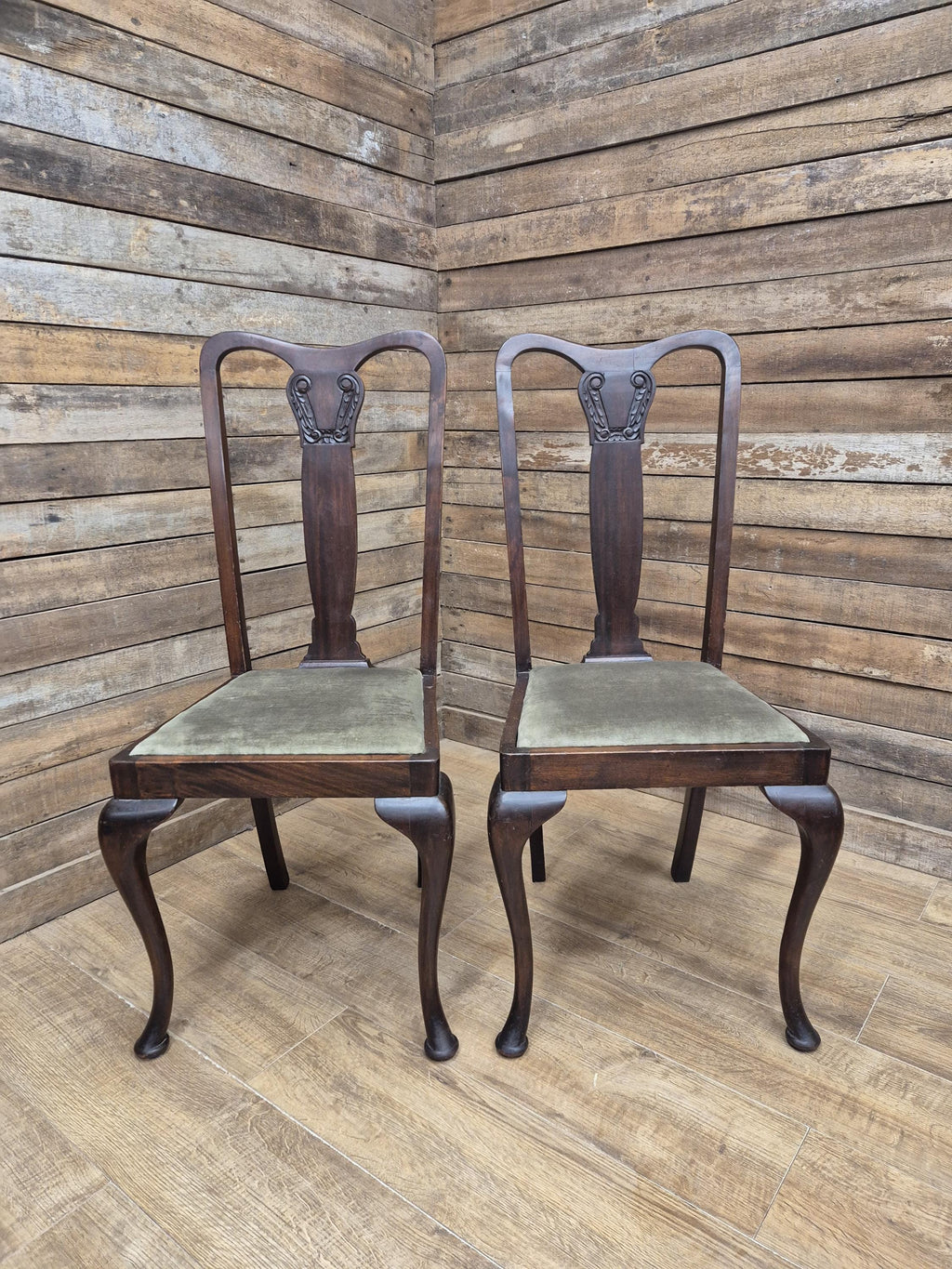Pair Mahogany Queen Anne Chairs Upholstered Seats Hall Bedroom Chairs Vintage