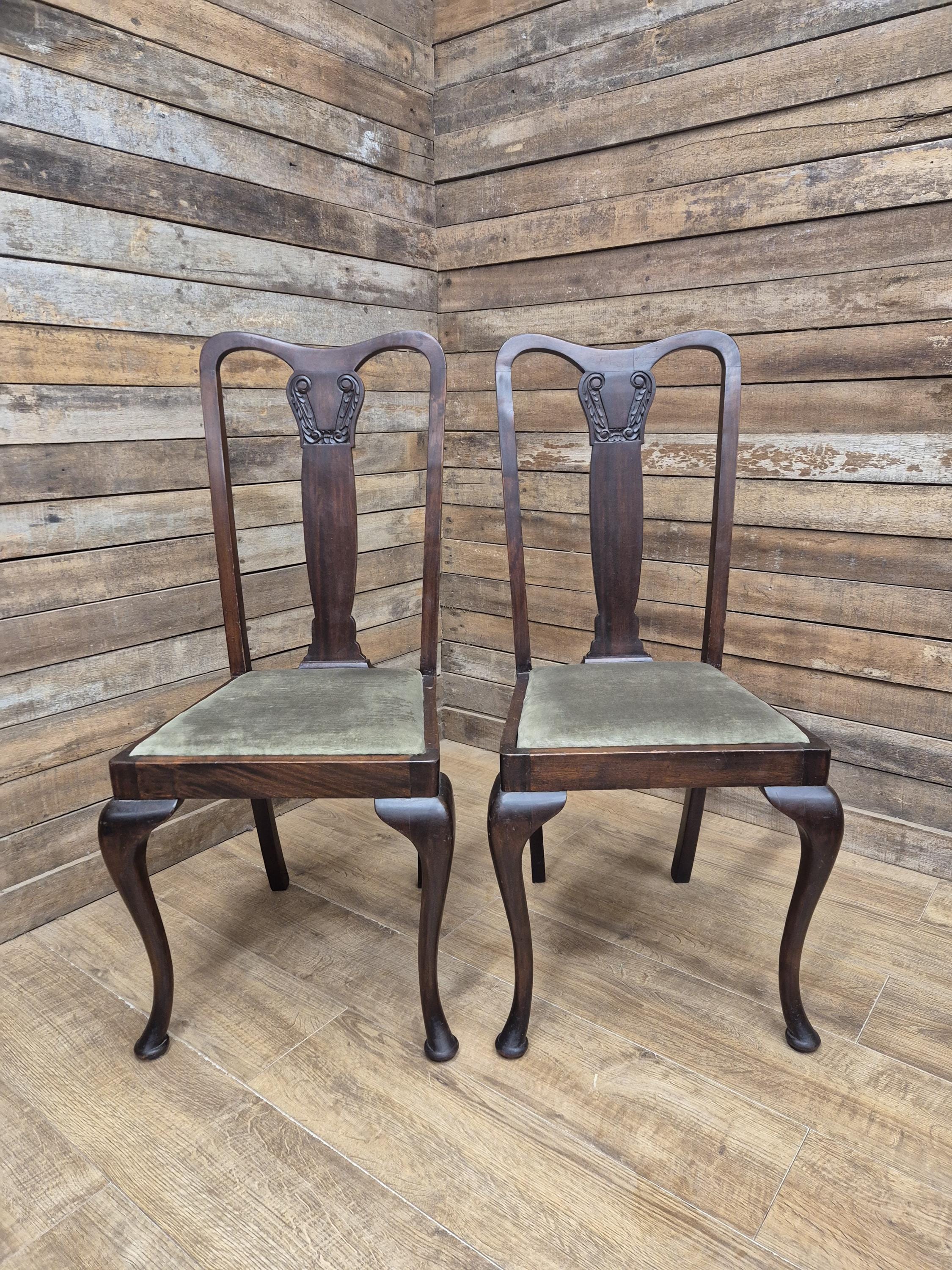 Pair Mahogany Queen Anne Chairs Upholstered Seats Hall Bedroom Chairs Vintage