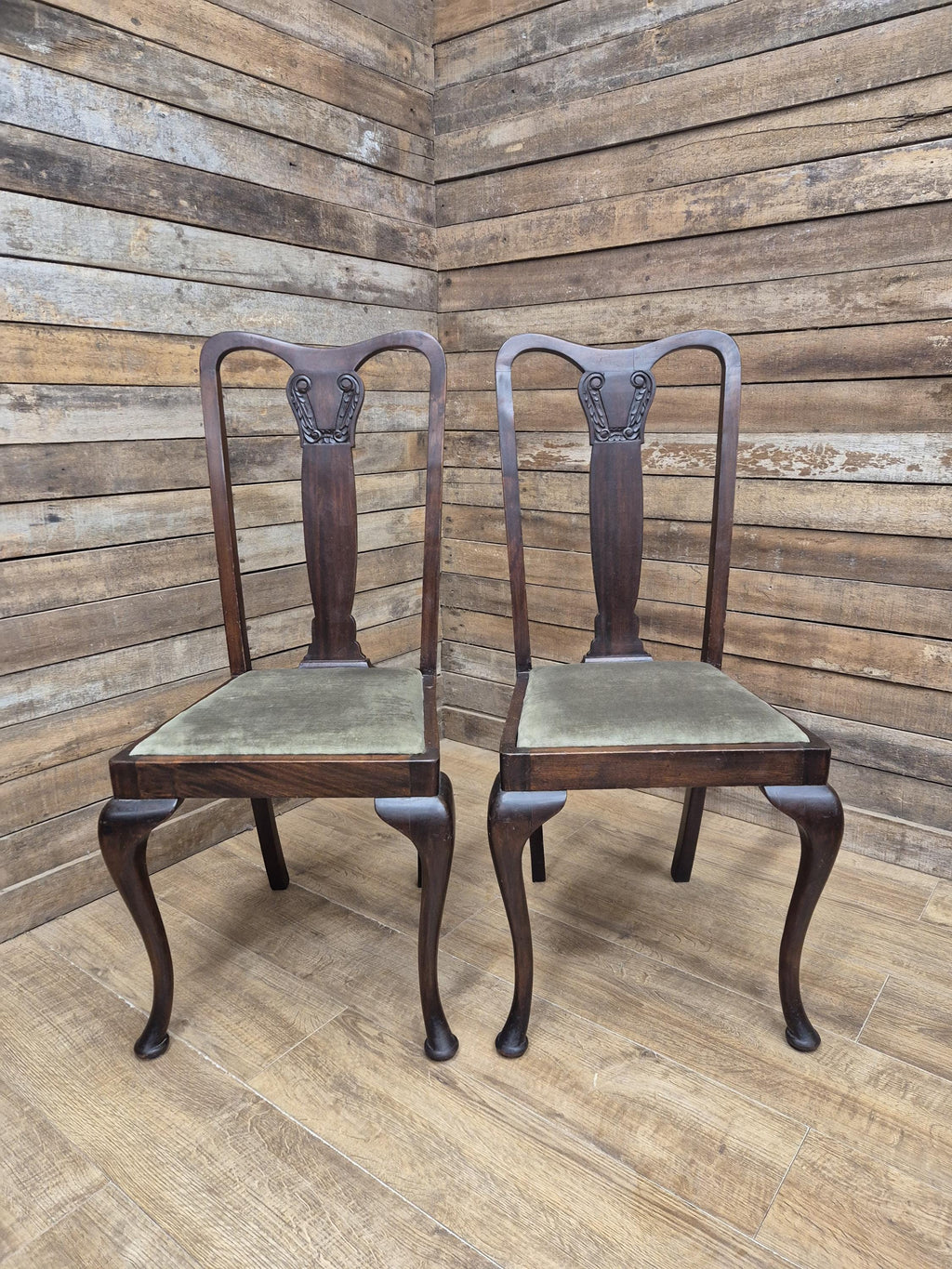 Pair Mahogany Queen Anne Chairs Upholstered Seats Hall Bedroom Chairs Vintage