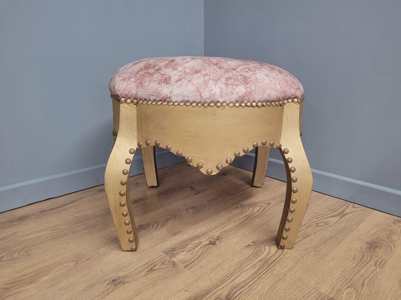 Large Upholstered Footstool Gold Base Boho Style Vintage