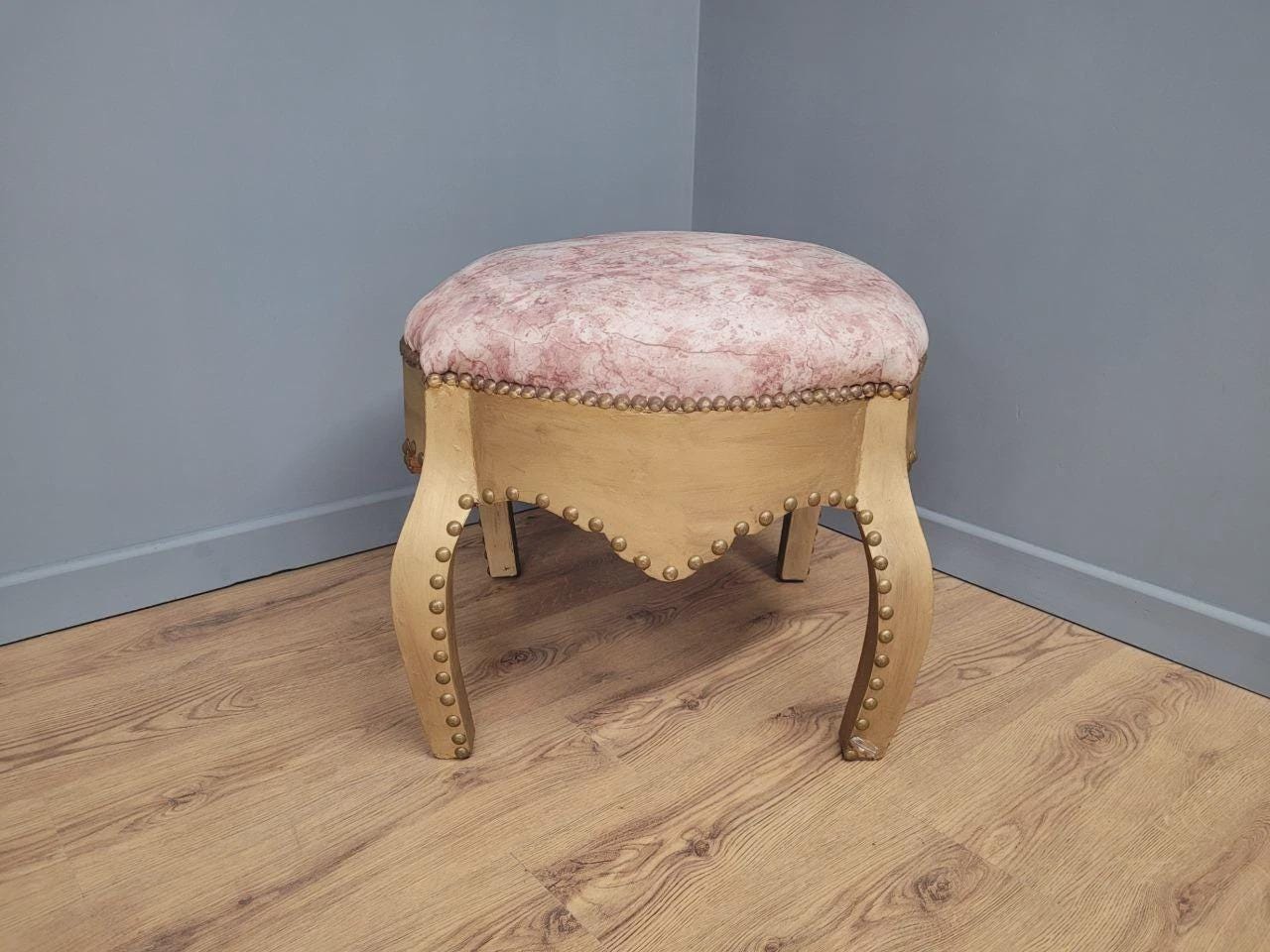 Large Upholstered Footstool Gold Base Boho Style Vintage