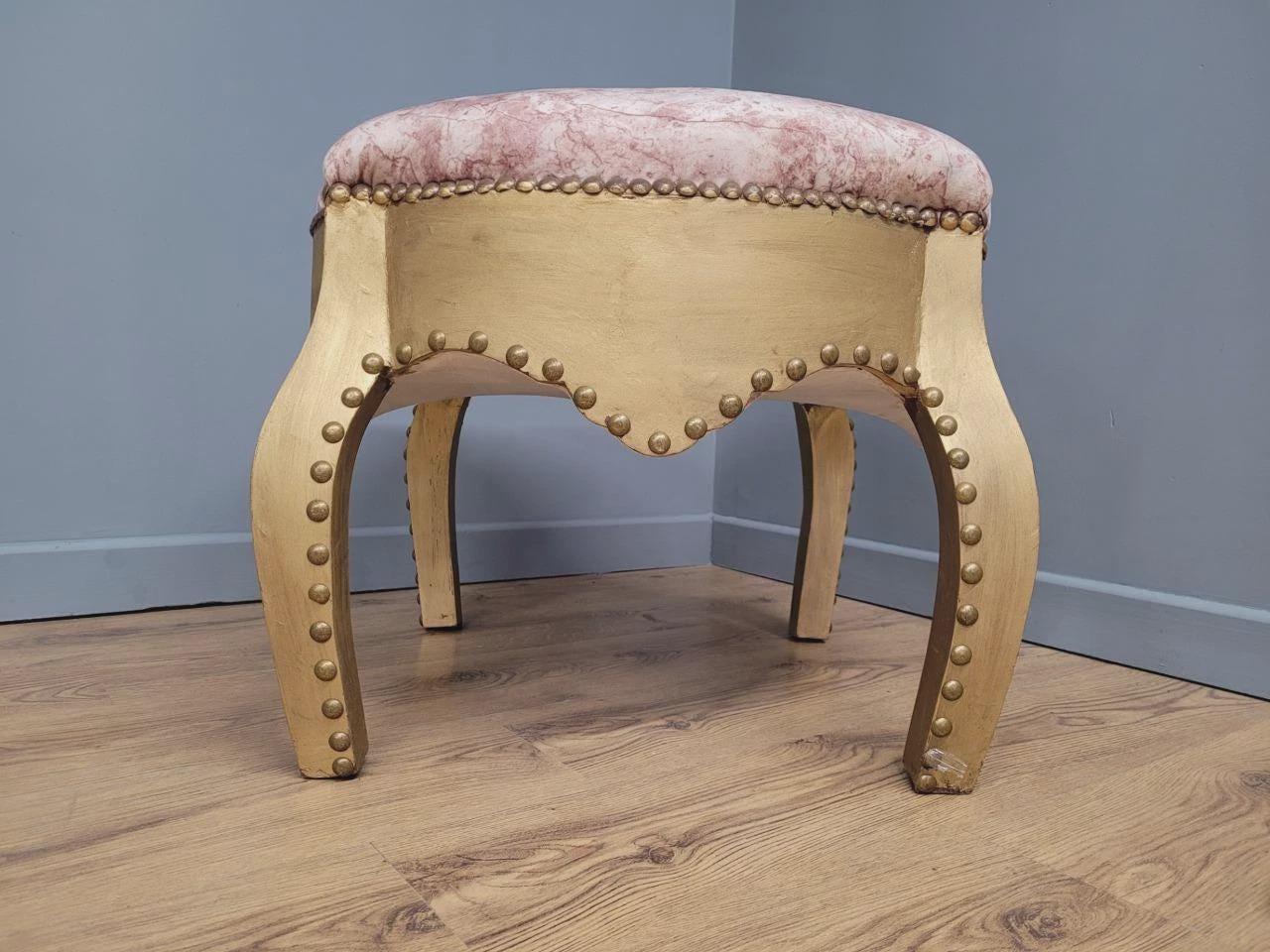 Large Upholstered Footstool Gold Base Boho Style Vintage