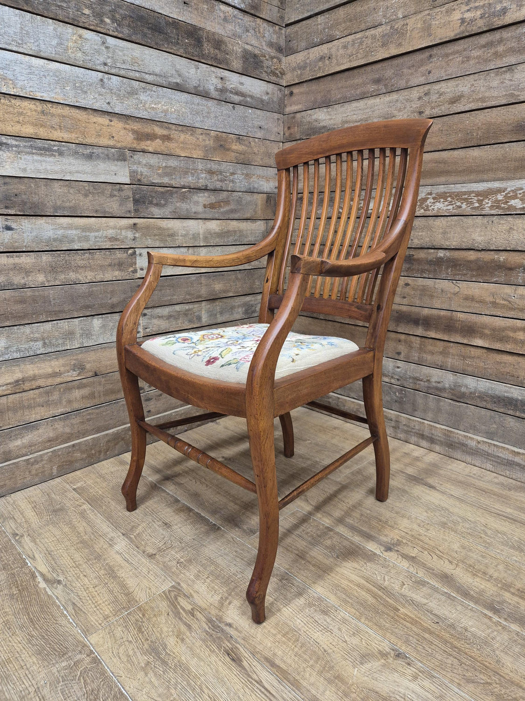 Edwardian Office Armchair Spindle Back Needlepoint Seat Antique Desk Chair