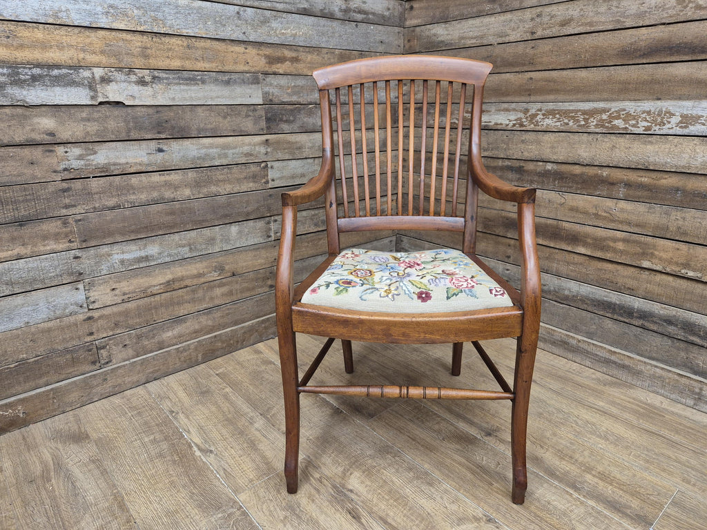 Edwardian Office Armchair Spindle Back Needlepoint Seat Antique Desk Chair