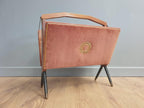 Furnway Magazine Rack Teak Brass Pink Velvet Folding Mid Century Retro Kitsch