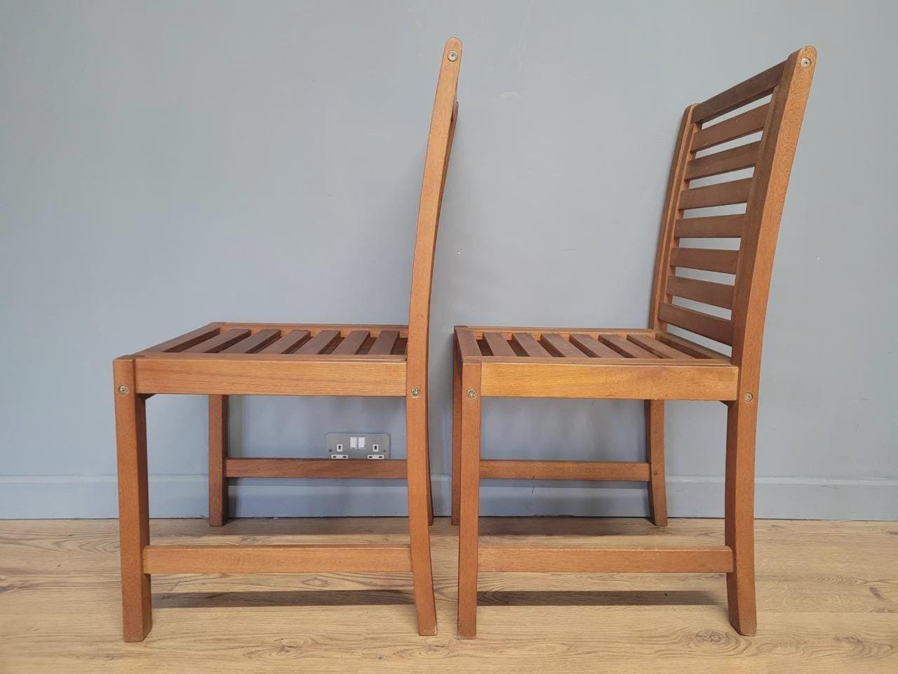 MCM Teak Dining Chairs Slatted Back Mid Century Pair Vintage Chairs