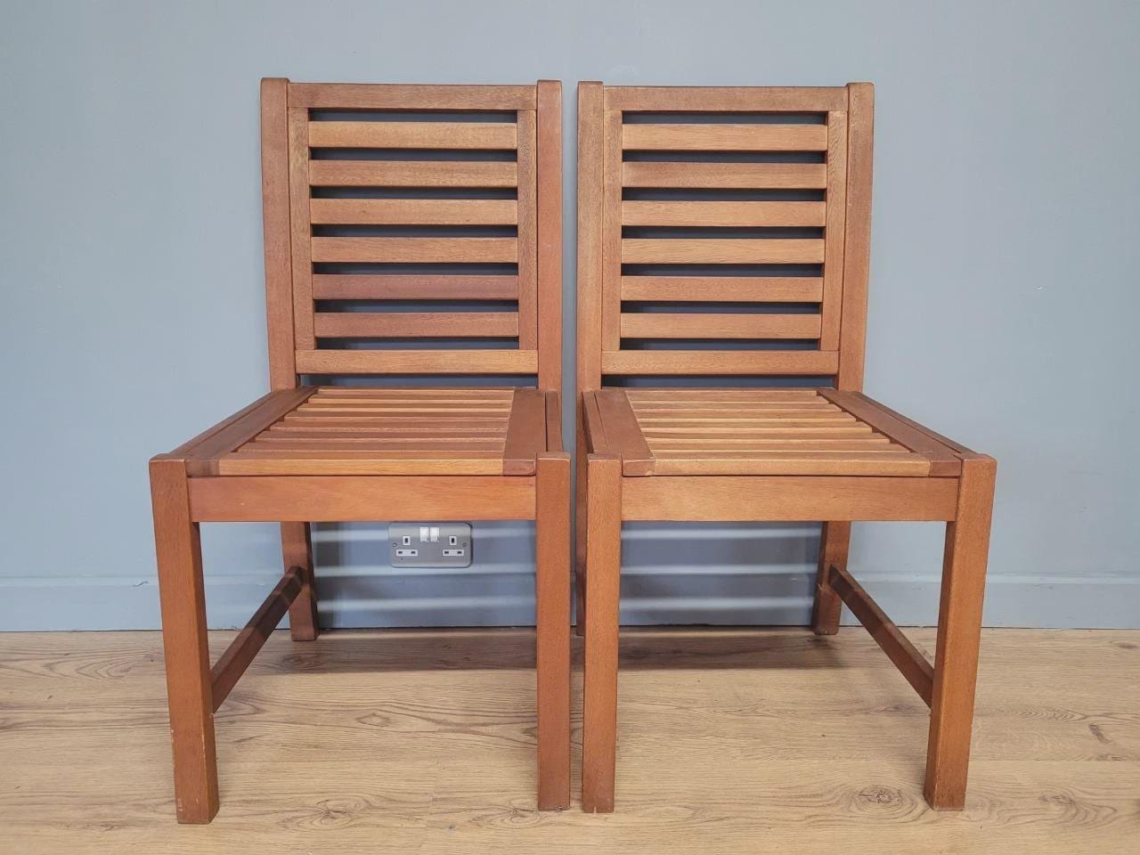 MCM Teak Dining Chairs Slatted Back Mid Century Pair Vintage Chairs