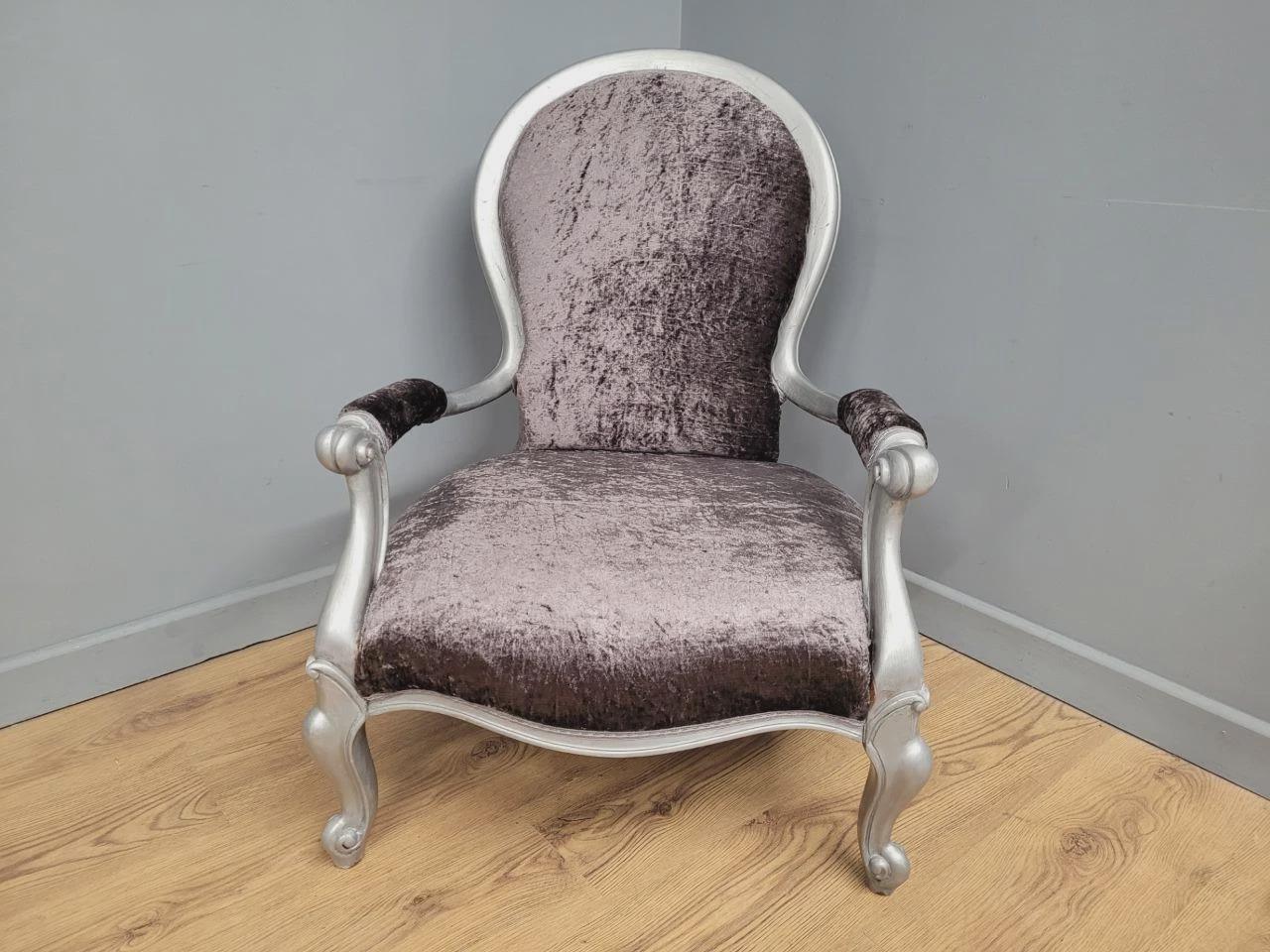 Louis XV Armchair Velvet Upholstered Silver Frame French Style