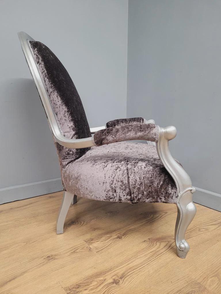 Louis XV Armchair Velvet Upholstered Silver Frame French Style