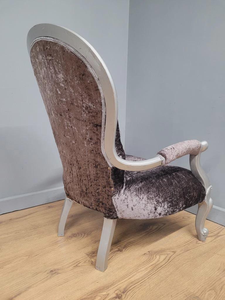 Louis XV Armchair Velvet Upholstered Silver Frame French Style