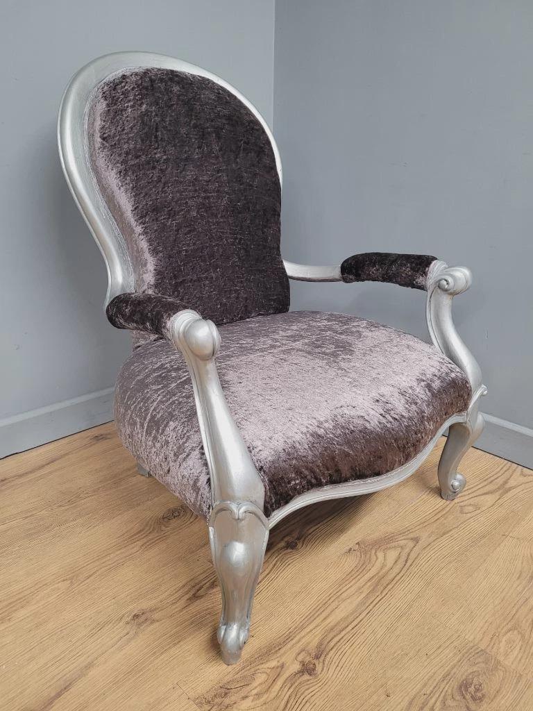 Louis XV Armchair Velvet Upholstered Silver Frame French Style