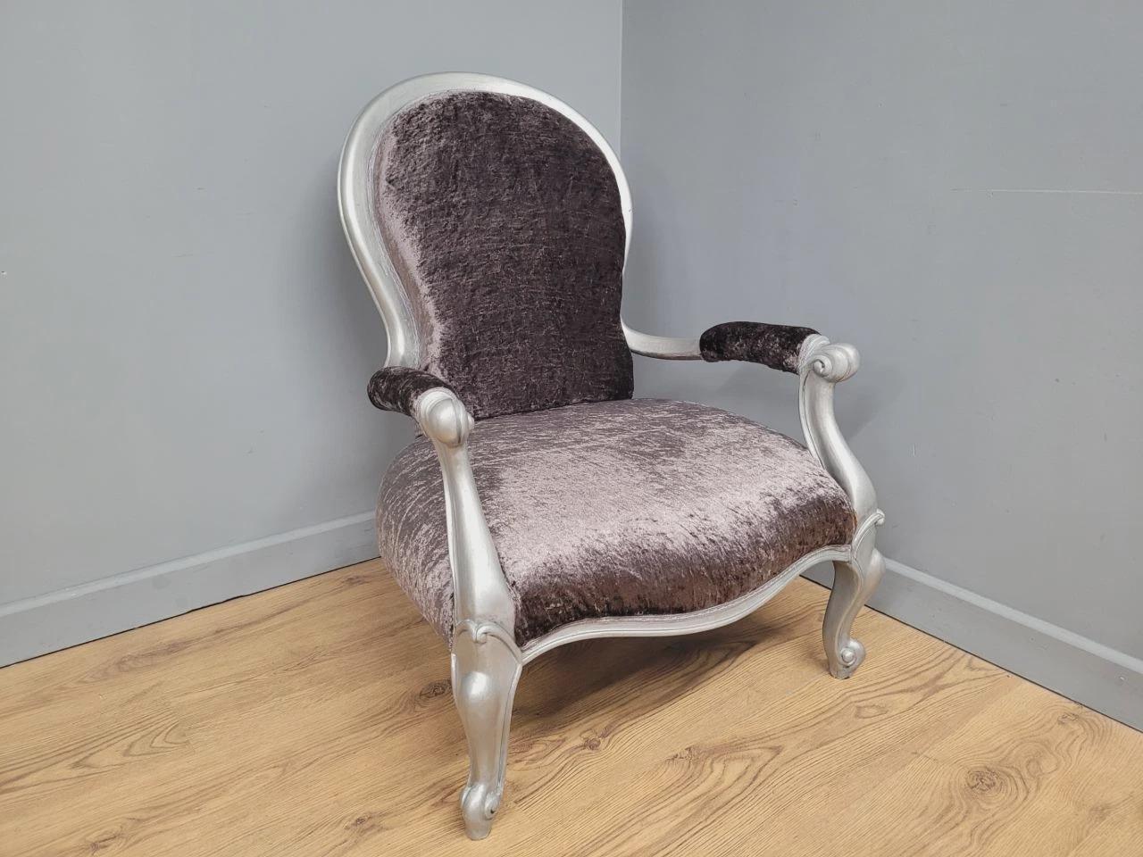 Louis XV Armchair Velvet Upholstered Silver Frame French Style