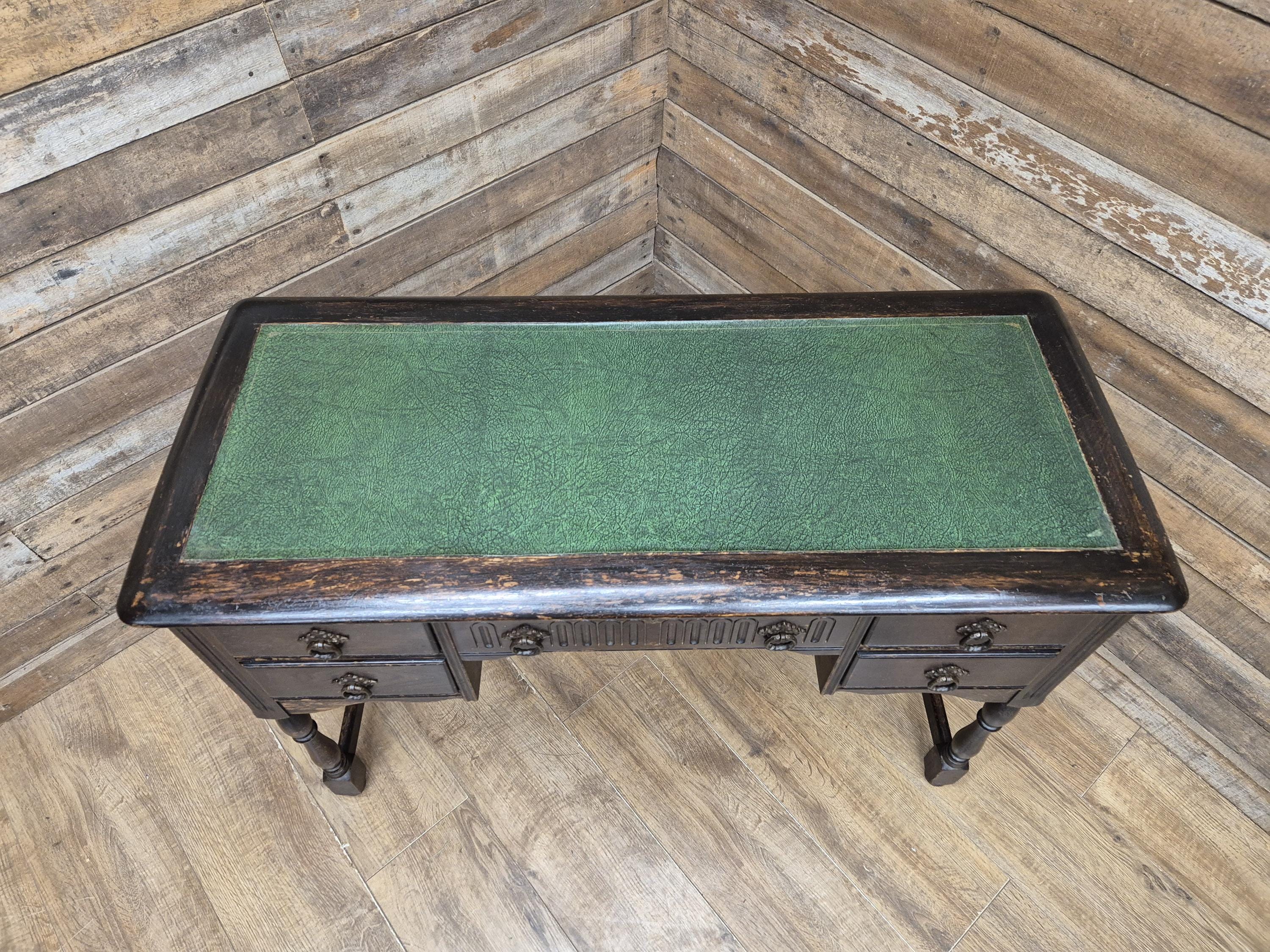Vintage oak writing desk faux leather top five drawer study desk