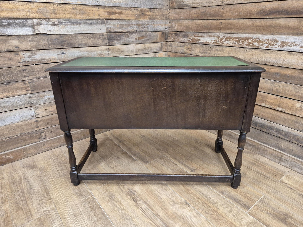 Vintage oak writing desk faux leather top five drawer study desk