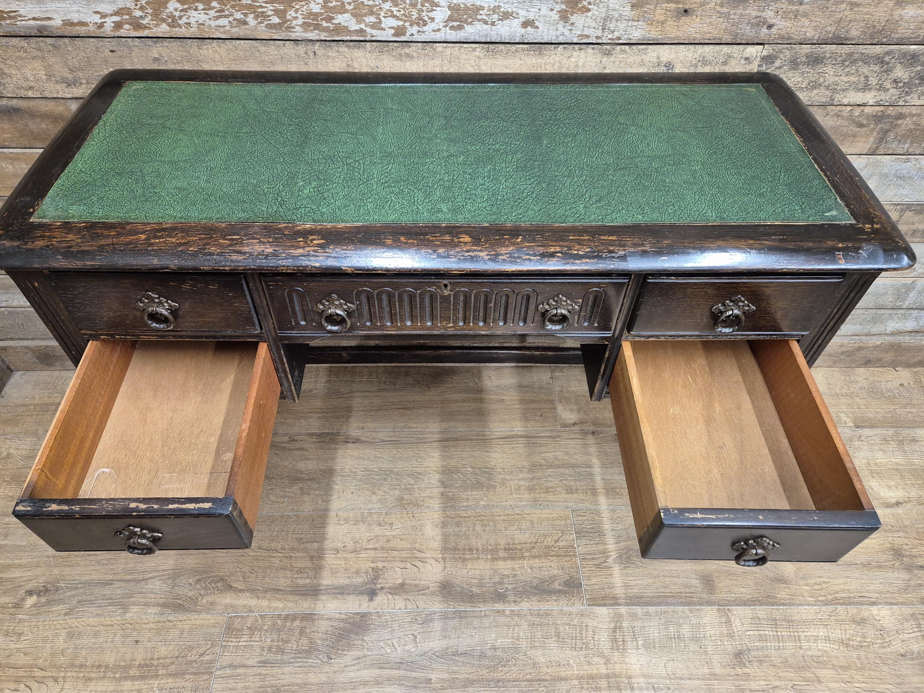 Vintage oak writing desk faux leather top five drawer study desk