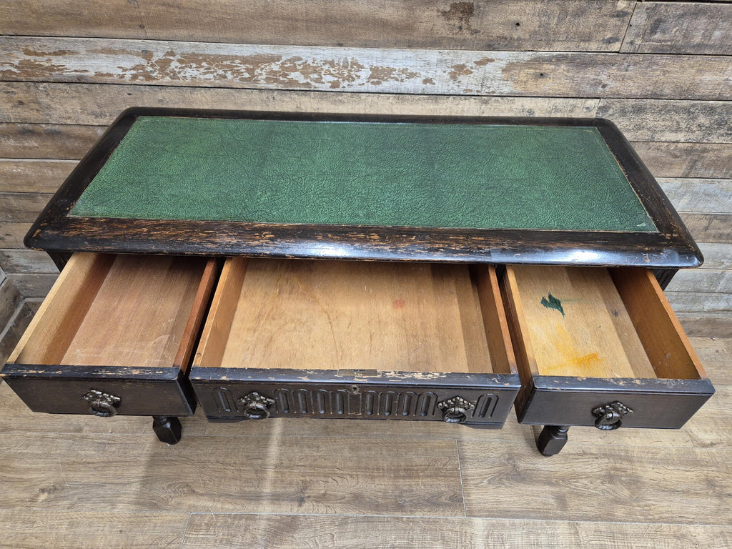 Vintage oak writing desk faux leather top five drawer study desk