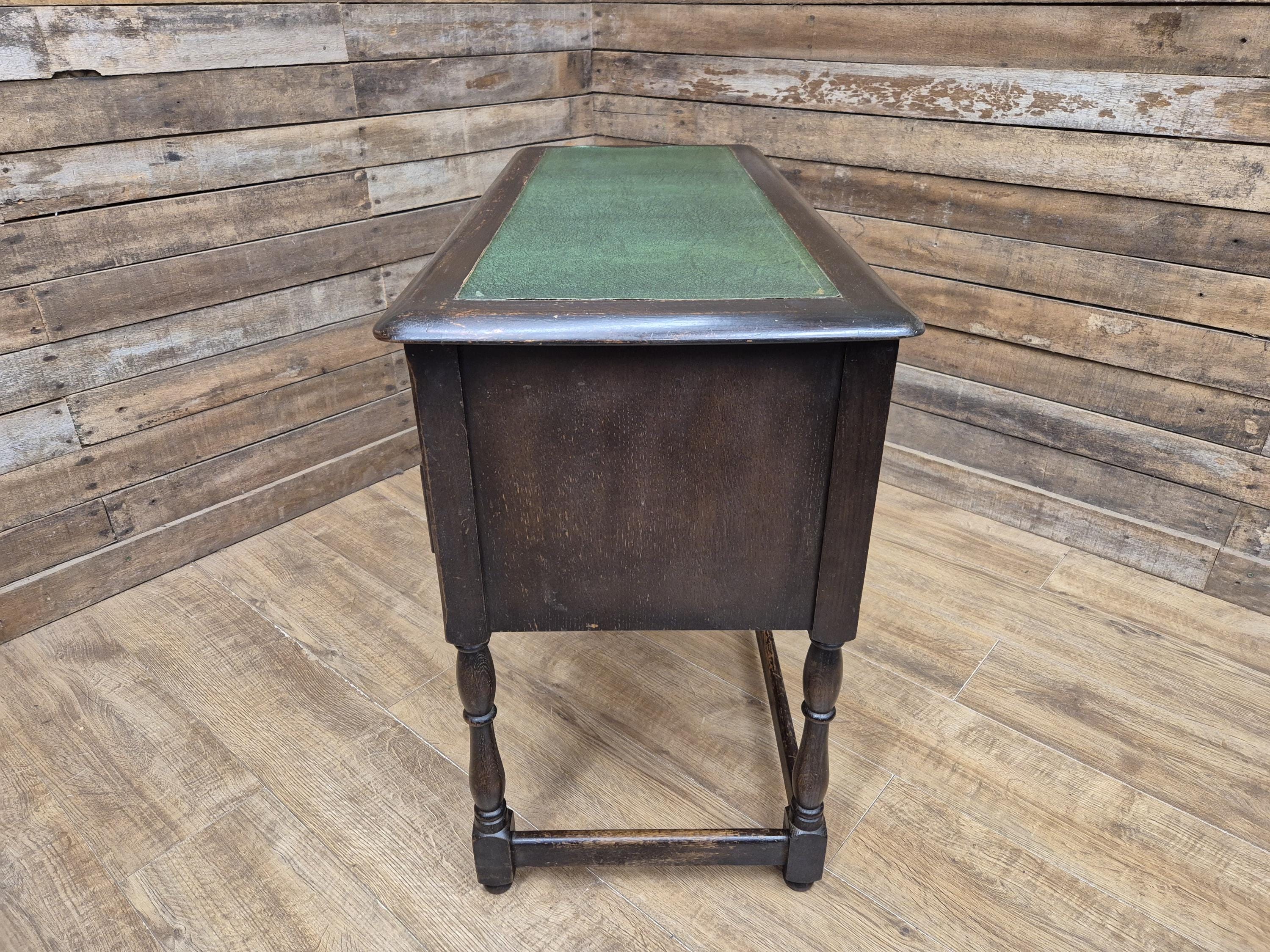 Vintage oak writing desk faux leather top five drawer study desk