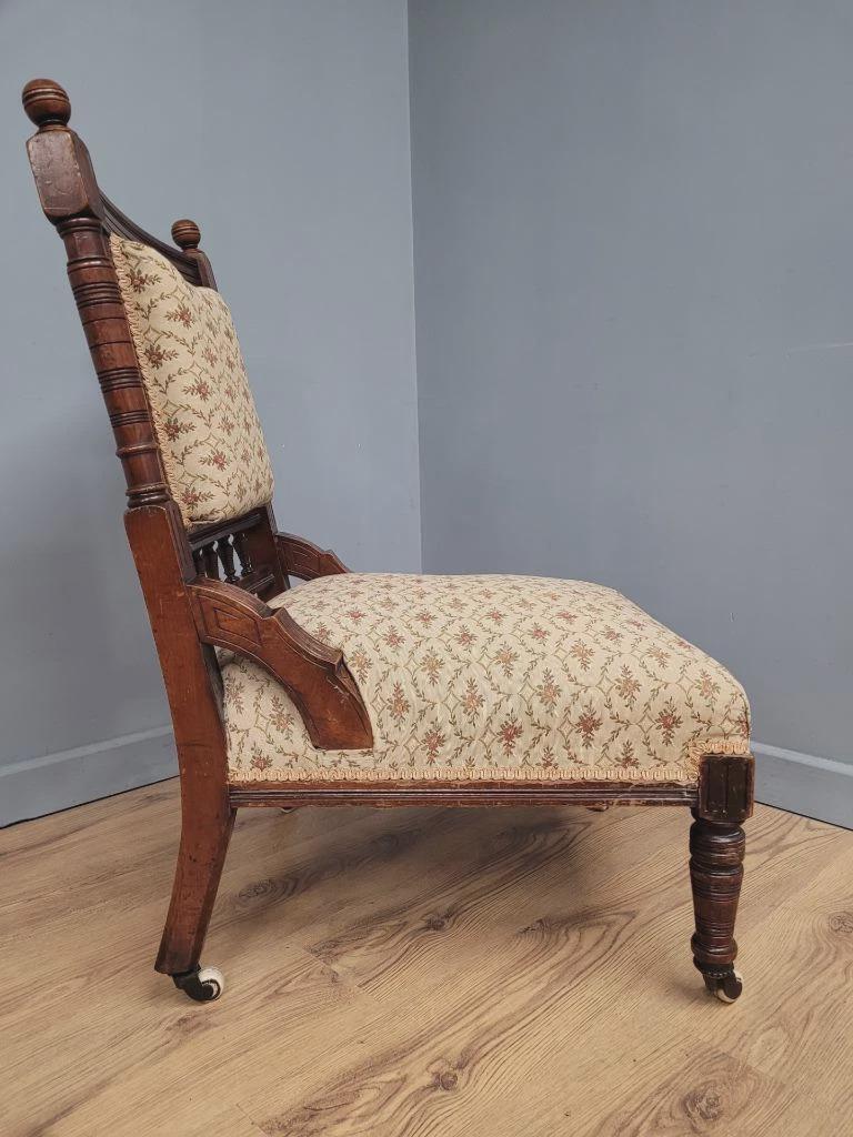 Edwardian Armchair Mahogany Open Arm Turned Legs Castors Upholstered