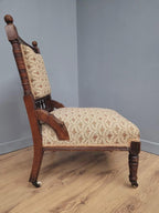 Edwardian Armchair Mahogany Open Arm Turned Legs Castors Upholstered
