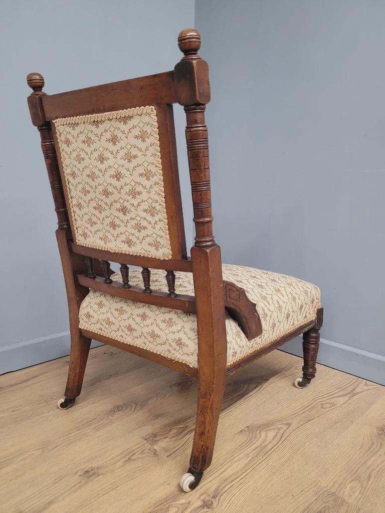 Edwardian Armchair Mahogany Open Arm Turned Legs Castors Upholstered