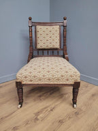 Edwardian Armchair Mahogany Open Arm Turned Legs Castors Upholstered