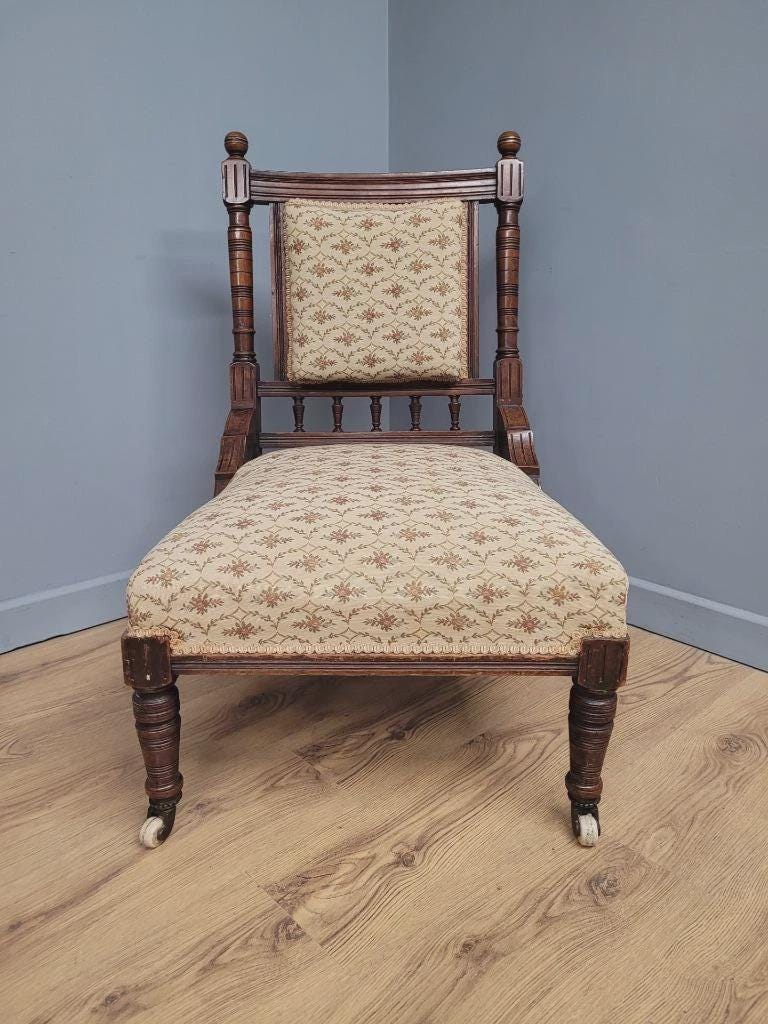 Edwardian Armchair Mahogany Open Arm Turned Legs Castors Upholstered