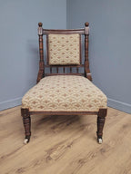 Edwardian Armchair Mahogany Open Arm Turned Legs Castors Upholstered