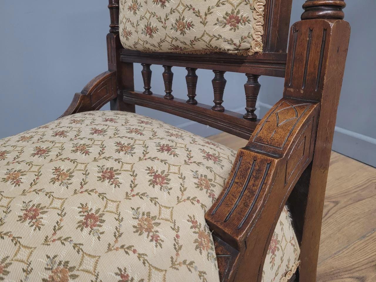 Edwardian Armchair Mahogany Open Arm Turned Legs Castors Upholstered