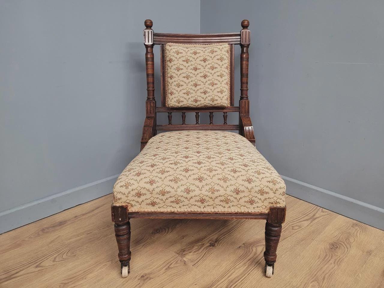Edwardian Armchair Mahogany Open Arm Turned Legs Castors Upholstered