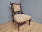 Edwardian Armchair Mahogany Open Arm Turned Legs Castors Upholstered